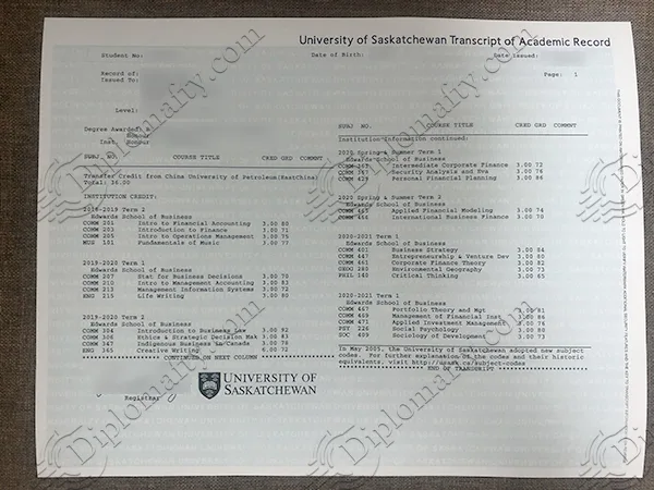 University of Saskatchewan Transcript