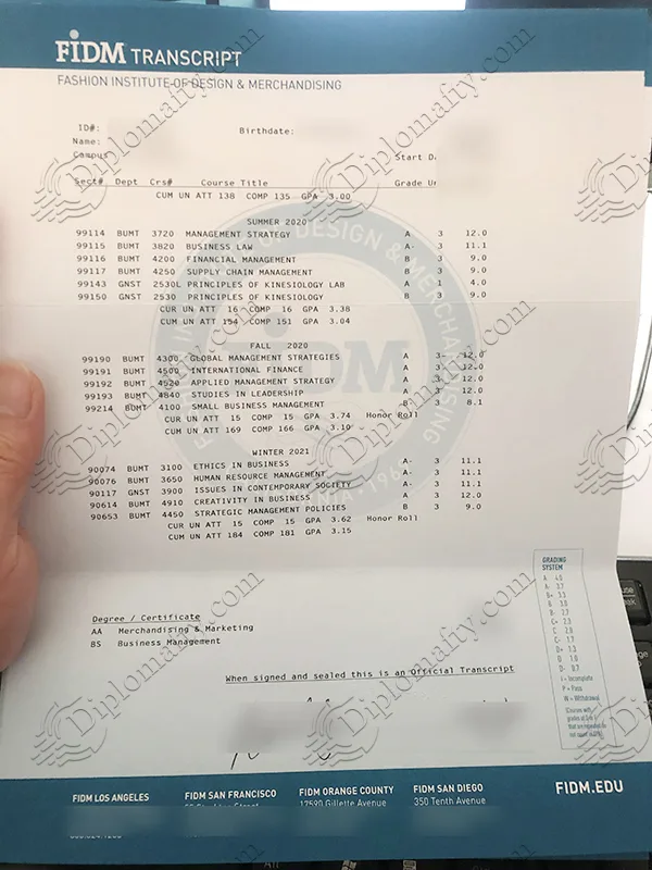 Fashion Institute of Design & Merchandising Transcript