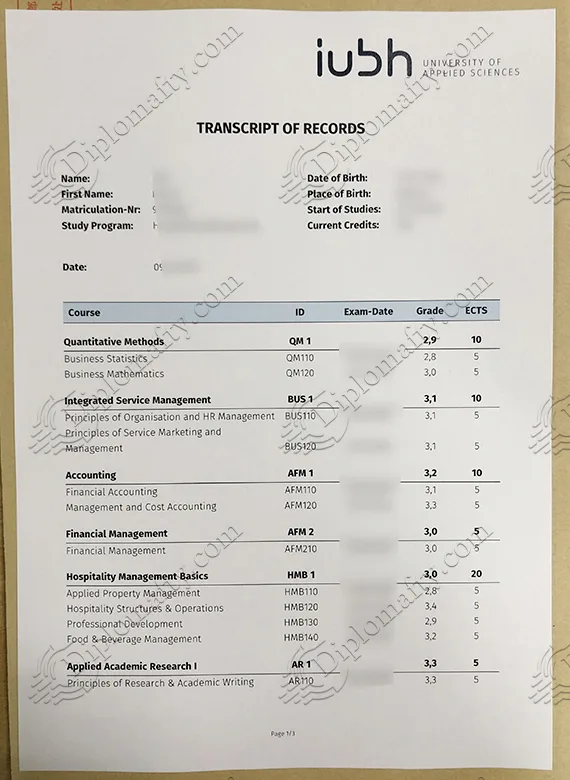 IUBH Internationale Hochschule Transcript