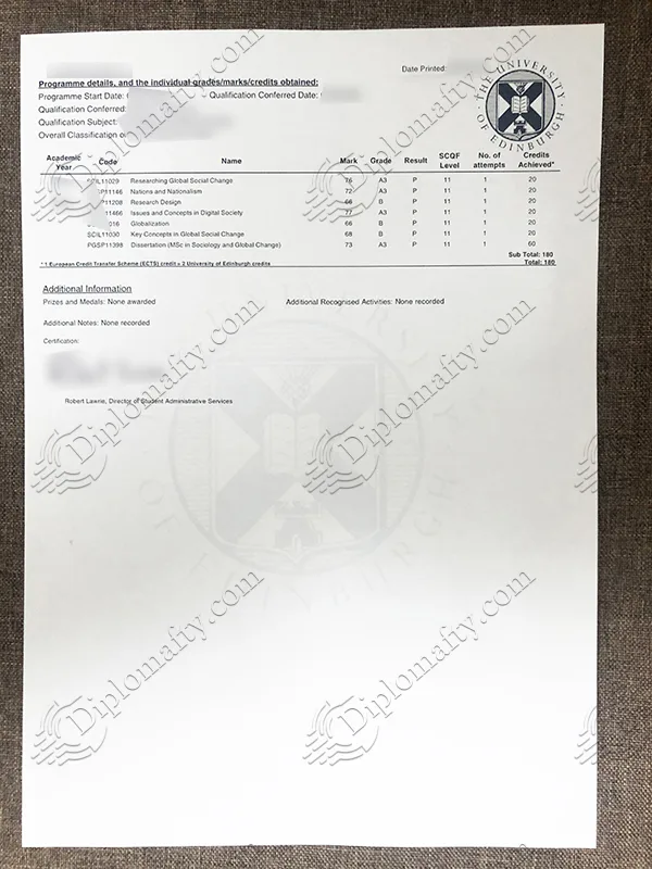 The University of Edinburgh Transcript